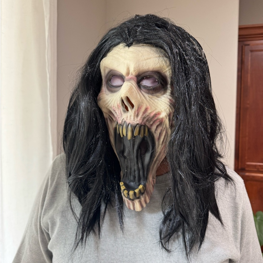 Screaming Skull Ghoul Mask Long Black Hair Adult Halloween Horror Costume